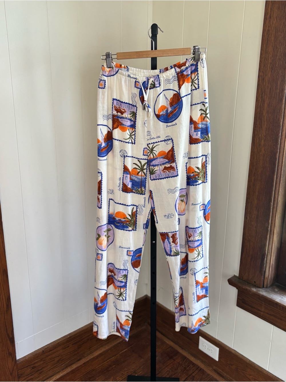 Label of Love Blue Moon Postcard Linen Blend Pull On Pants Women L - 27x28.5 NWT